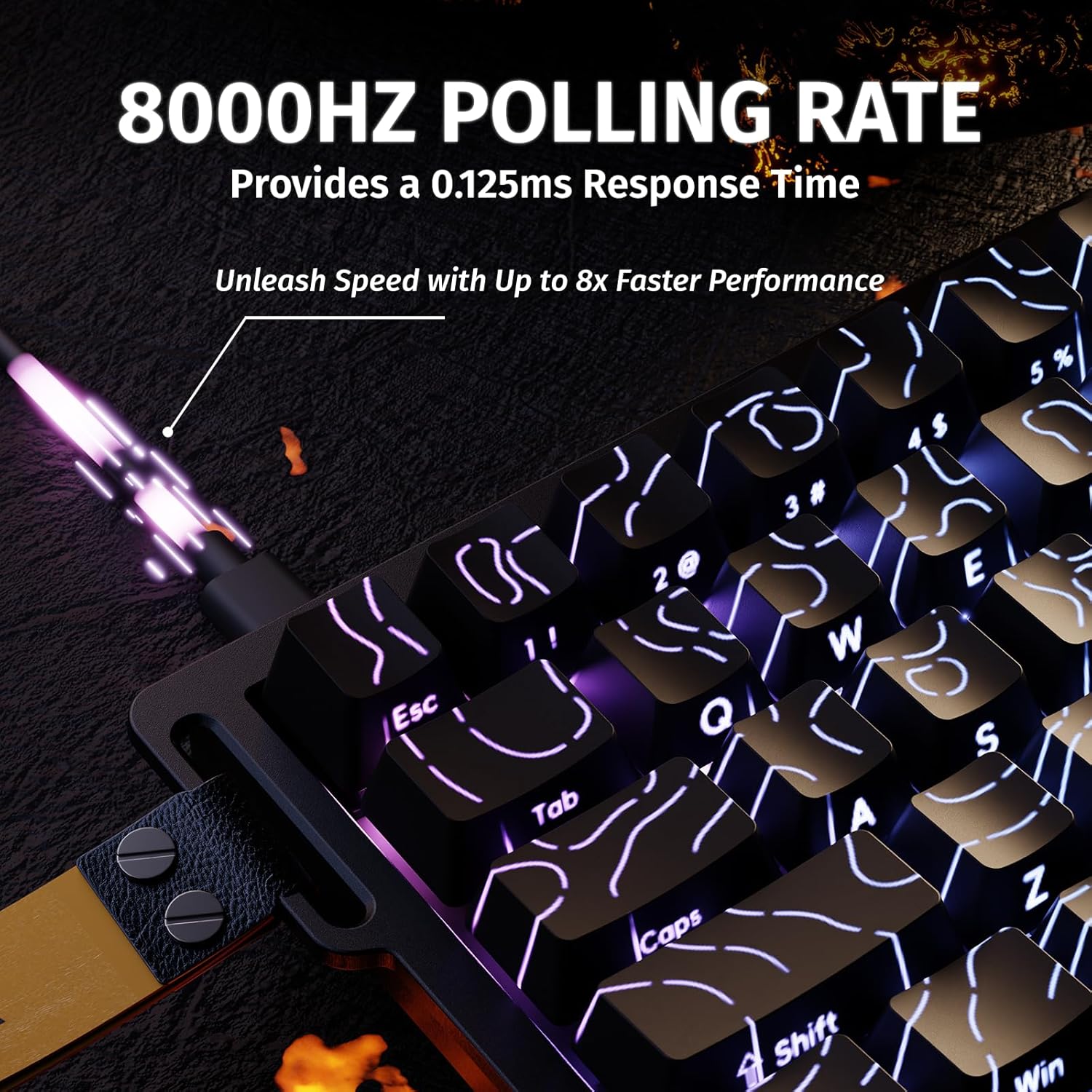 Mechanical keyboard with glowing keys on a dark background, highlighting 8000Hz polling rate feature.